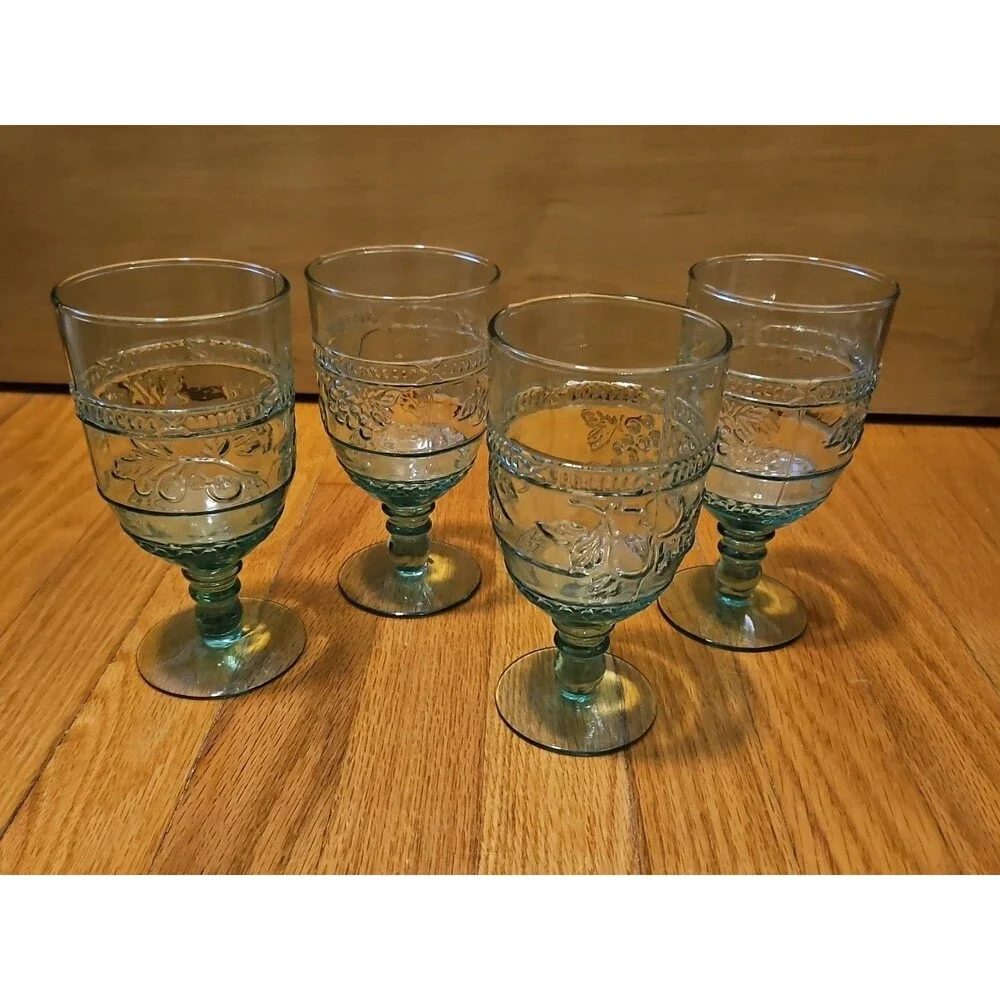 Vintage Mikasa 1960 Embossed Fruit Light Green Glasses Set of Four (4) READ